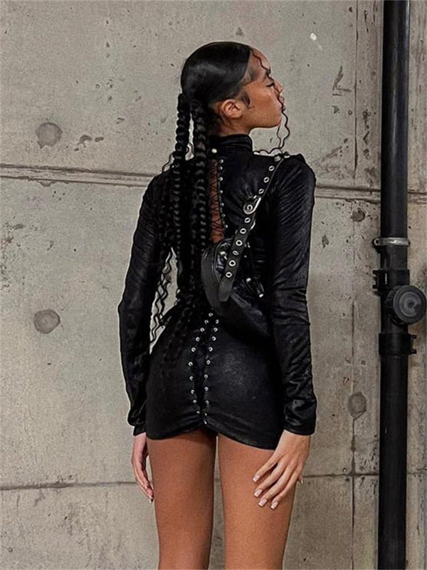 Black Criss Cross Bandage Mini Dress Streetwear Outfits For Woman 2024 Fashion Hollow Out Short Dress Gothic - TimelessGear9