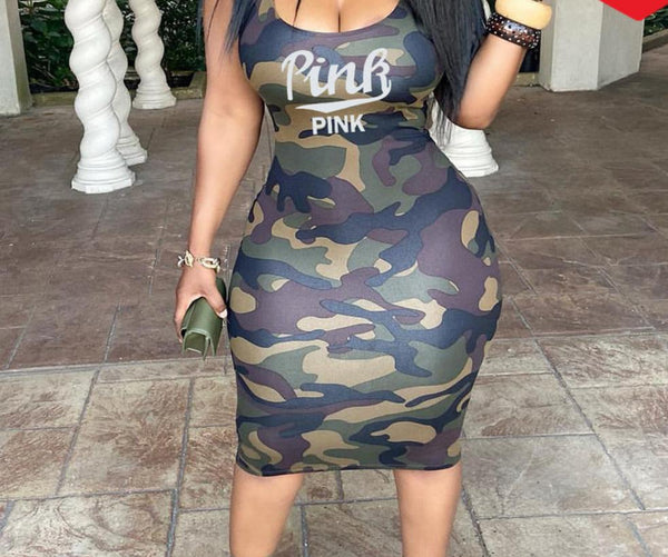 Dress Summer High Quality Sleeveless Camouflage Letter Printting Midi Dresses Knitted - TimelessGear9