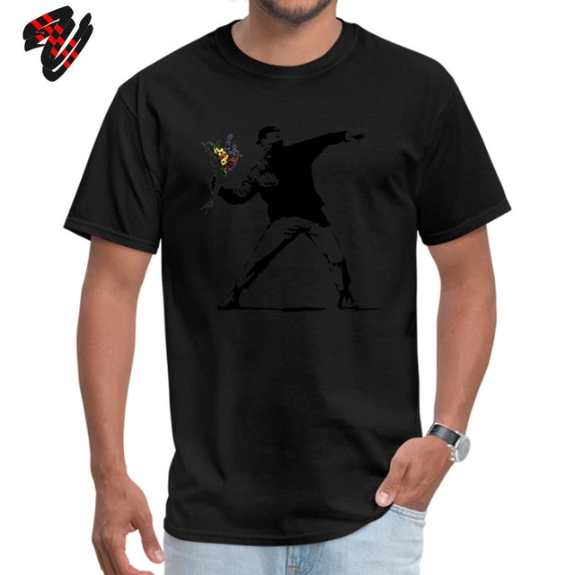 Swag Banksy Flower Thrower T Shirts 100% Cotton Fabric Men Tshirt Mens T-shirts Novelty Street Art - TimelessGear9