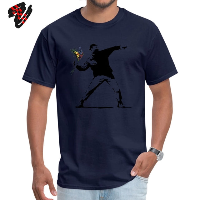 Swag Banksy Flower Thrower T Shirts 100% Cotton Fabric Men Tshirt Mens T-shirts Novelty Street Art - TimelessGear9