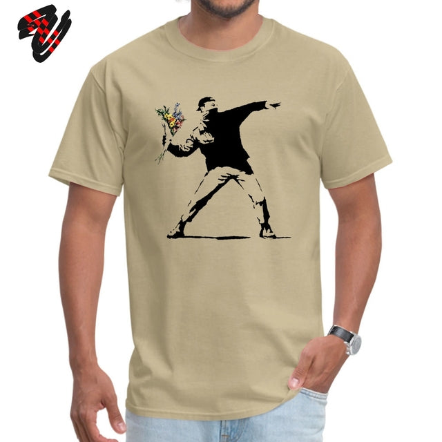 Swag Banksy Flower Thrower T Shirts 100% Cotton Fabric Men Tshirt Mens T-shirts Novelty Street Art - TimelessGear9