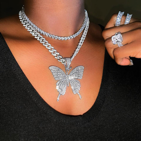 Pink Clear Crystal Butterfly Pendant Charm Miami Curb Cuban Chain Hip Hop Necklace Rapper Gift Rock for Men Women Jewelry - TimelessGear9