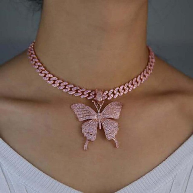 Pink Clear Crystal Butterfly Pendant Charm Miami Curb Cuban Chain Hip Hop Necklace Rapper Gift Rock for Men Women Jewelry - TimelessGear9