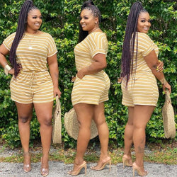 Striped Plus Size Two Piece Set Women Tracksuits Summer Outfits Top Sweat Suits Lounge wear Matching Sets - TimelessGear9