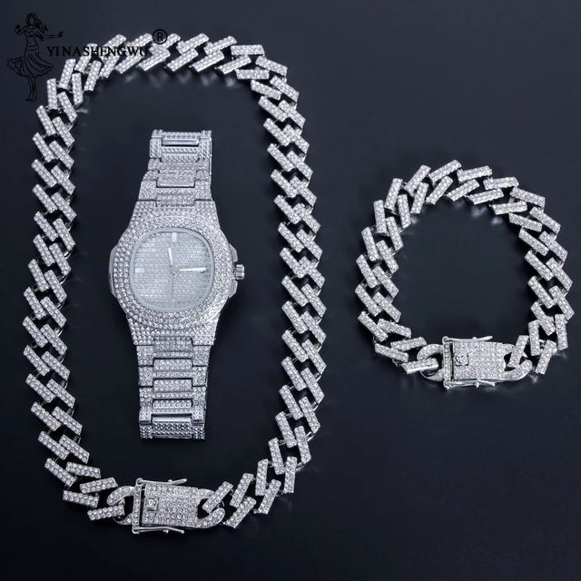 Hip Hop Gold Color Necklace ????? Miami Curb Cuban Chain Iced Out Paved Rhinestones CZ Bling Rapper For Men Jewelry - TimelessGear9