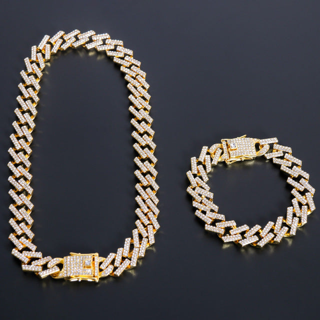 Hip Hop Gold Color Necklace ????? Miami Curb Cuban Chain Iced Out Paved Rhinestones CZ Bling Rapper For Men Jewelry - TimelessGear9