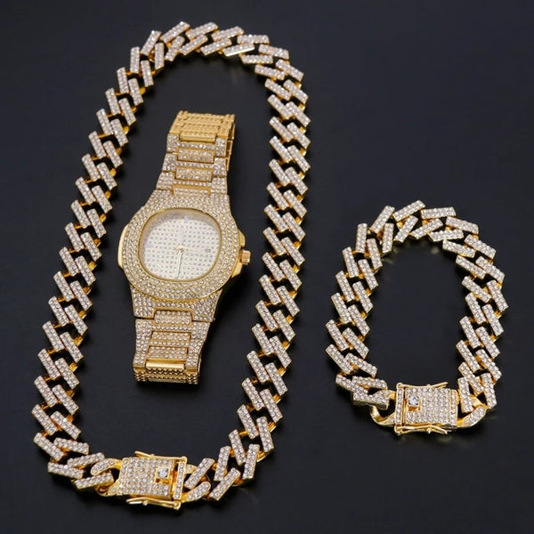 Hip Hop Gold Color Necklace ????? Miami Curb Cuban Chain Iced Out Paved Rhinestones CZ Bling Rapper For Men Jewelry - TimelessGear9