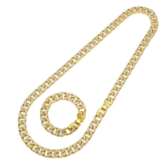 Hip Hop Gold Color Necklace ????? Miami Curb Cuban Chain Iced Out Paved Rhinestones CZ Bling Rapper For Men Jewelry - TimelessGear9