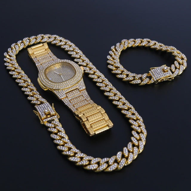 Hip Hop Gold Color Necklace ????? Miami Curb Cuban Chain Iced Out Paved Rhinestones CZ Bling Rapper For Men Jewelry - TimelessGear9
