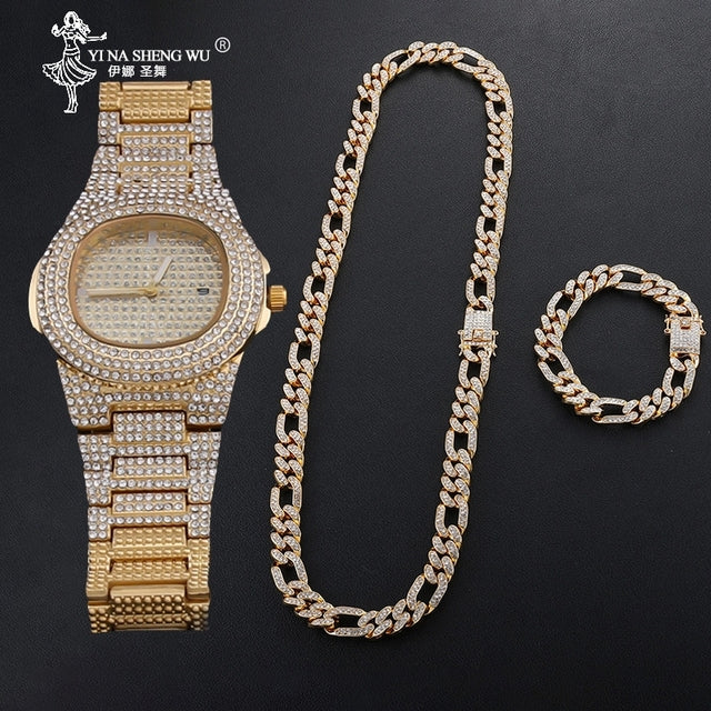Hip Hop Gold Color Necklace ????? Miami Curb Cuban Chain Iced Out Paved Rhinestones CZ Bling Rapper For Men Jewelry - TimelessGear9