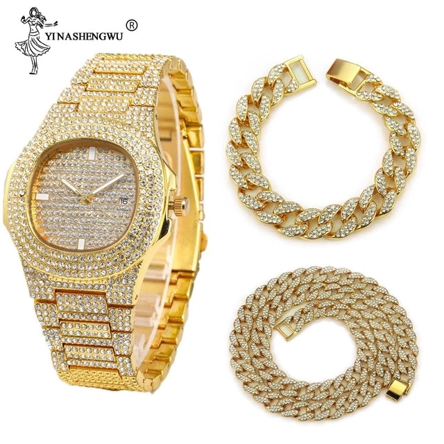 Hip Hop Gold Color Necklace ????? Miami Curb Cuban Chain Iced Out Paved Rhinestones CZ Bling Rapper For Men Jewelry - TimelessGear9