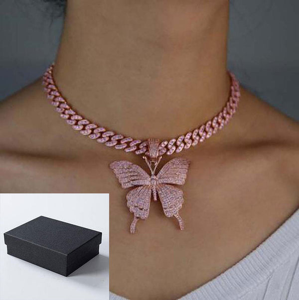 Pink Clear Crystal Butterfly Pendant Charm Miami Curb Cuban Chain Hip Hop Necklace Rapper Gift Rock for Men Women Jewelry - TimelessGear9