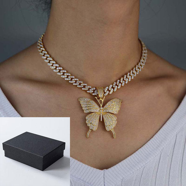 Pink Clear Crystal Butterfly Pendant Charm Miami Curb Cuban Chain Hip Hop Necklace Rapper Gift Rock for Men Women Jewelry - TimelessGear9