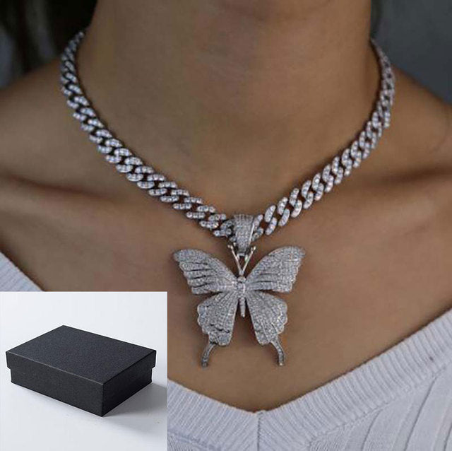 Pink Clear Crystal Butterfly Pendant Charm Miami Curb Cuban Chain Hip Hop Necklace Rapper Gift Rock for Men Women Jewelry - TimelessGear9