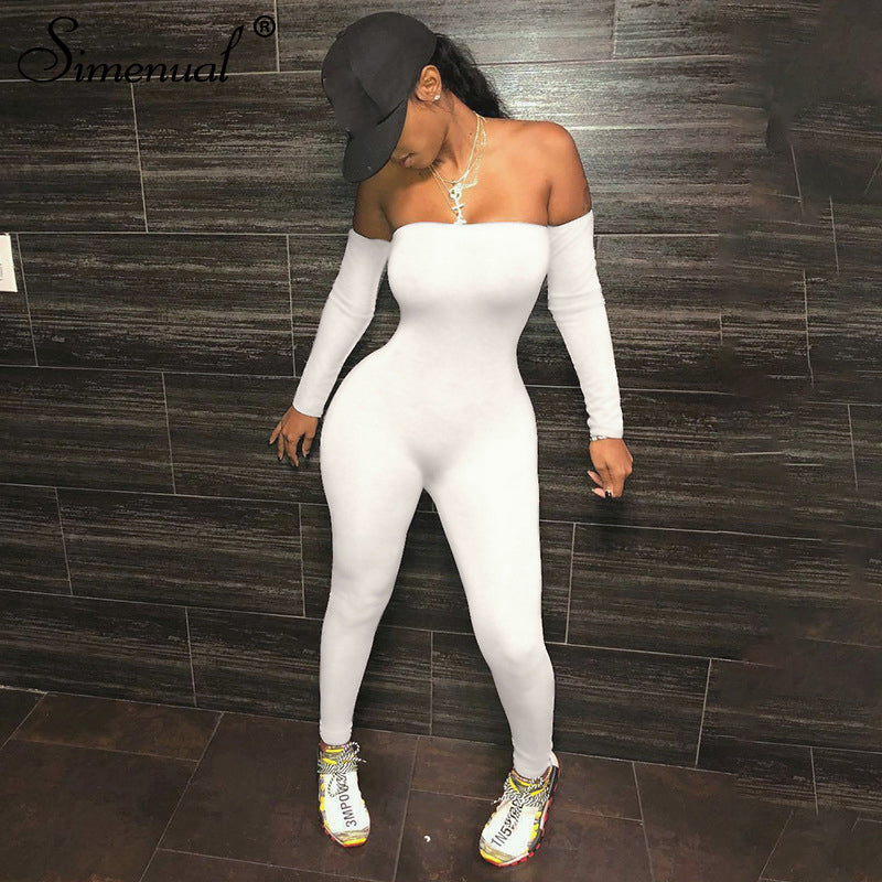 Simenual Off Shoulder Bodycon Rompers Womens Jumpsuit Long Sleeve Sporty Workout bodysuit - TimelessGear9