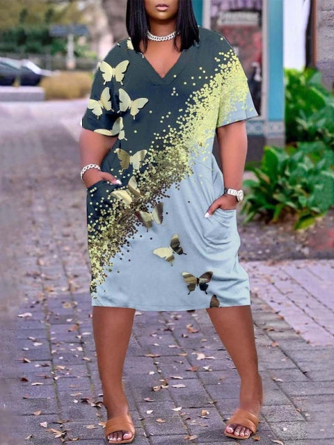 Hem Print Sexy V-neck Beach Dress Plus-size dress Comfortable - TimelessGear9