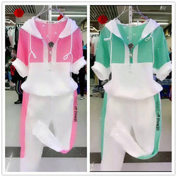 Women  Two Piece Set Summer New Slim Fashion Short Sleeve Hooded Sweater Leisure - TimelessGear9