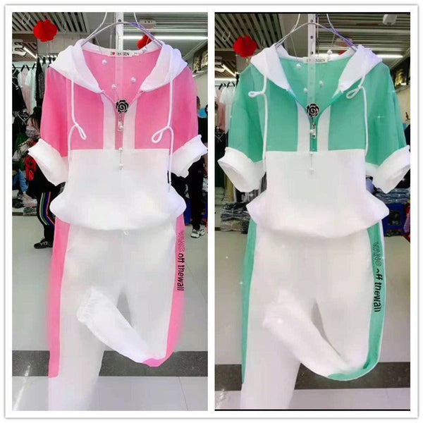Women  Two Piece Set Summer New Slim Fashion Short Sleeve Hooded Sweater Leisure - TimelessGear9