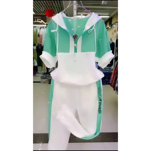Women  Two Piece Set Summer New Slim Fashion Short Sleeve Hooded Sweater Leisure - TimelessGear9