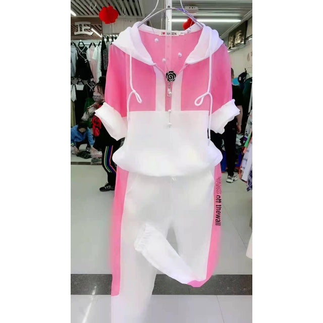 Women  Two Piece Set Summer New Slim Fashion Short Sleeve Hooded Sweater Leisure - TimelessGear9