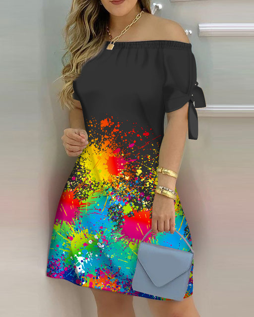 Women Striped Print Colorblock Off Shoulder Short Sleeve Street Daily Wear Summer Casual Dress Fashion - TimelessGear9