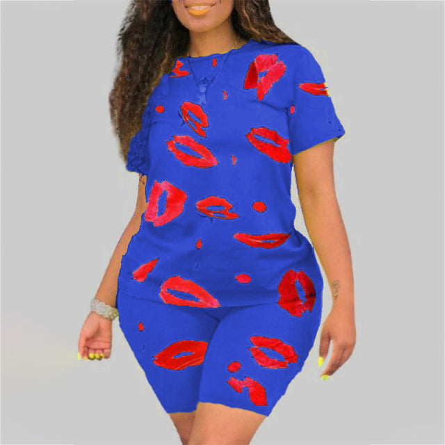 Plus Size 5XL Two Piece Set for Women  Summer Tracksuit Lips Short Sleeve - TimelessGear9