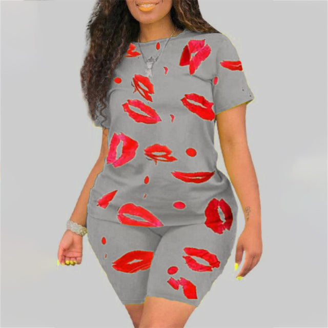 Plus Size 5XL Two Piece Set for Women  Summer Tracksuit Lips Short Sleeve - TimelessGear9