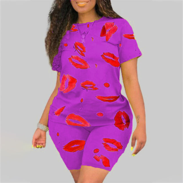 Plus Size 5XL Two Piece Set for Women  Summer Tracksuit Lips Short Sleeve - TimelessGear9