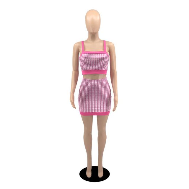 Houndstooth Plaid Two Piece Outfits 2022 Fashion Women Summer Clothes Crop Tops and Mini Skirts - TimelessGear9