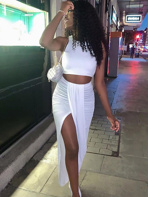 Summer Women Crop Top Long Skirts Two Piece Set White Party Club Wear Sexy Split Skirts Sets Casual Clothing - TimelessGear9