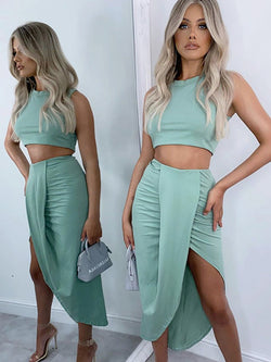 Summer Women Crop Top Long Skirts Two Piece Set White Party Club Wear Sexy Split Skirts Sets Casual Clothing - TimelessGear9