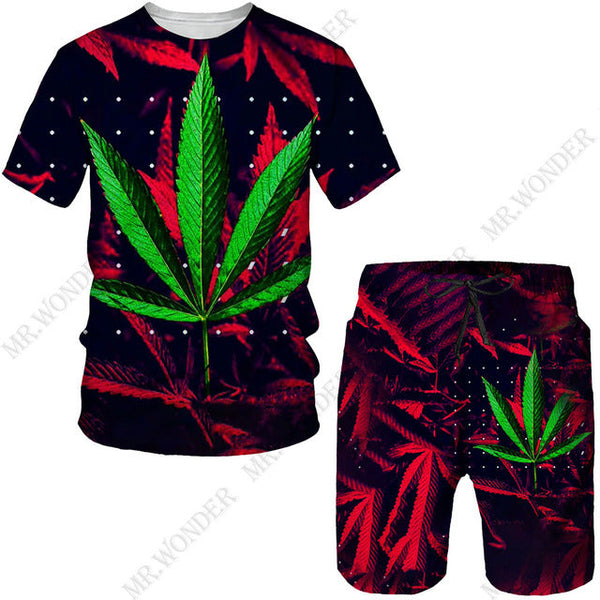 Tricolor Maple Leaves Tracksuit Men Harajuku T-shirt pMale Summer Two-piece T-shirt Shorts - TimelessGear9