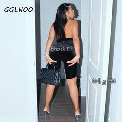 Rhinestone Velvet Cut Out Halter Rompers Backless Drawstring Bodycon / bodysuit - TimelessGear9