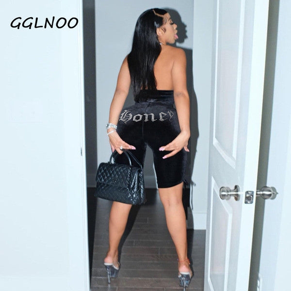 Rhinestone Velvet Cut Out Halter Rompers Backless Drawstring Bodycon / bodysuit - TimelessGear9