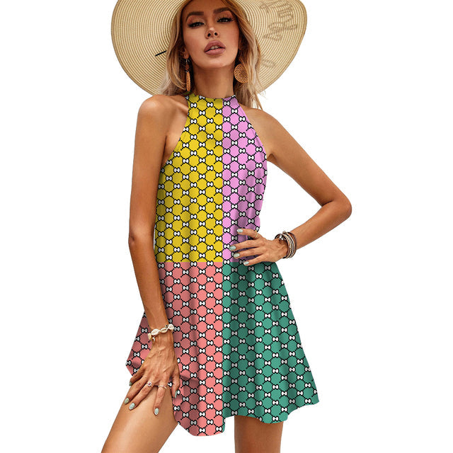Mini Halter Dress 2022 Summer Letter Shoulder Tie Back Sleeveless Dresses Elegant Party Beach Sundress - TimelessGear9