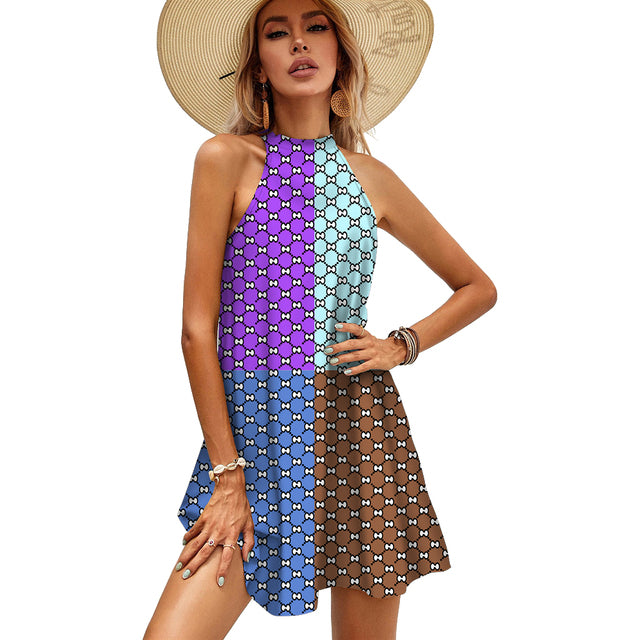 Mini Halter Dress 2022 Summer Letter Shoulder Tie Back Sleeveless Dresses Elegant Party Beach Sundress - TimelessGear9