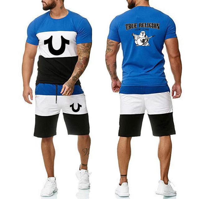 Religion Print Summer Suits Short Sleeve T-shirt and Shorts Suit Casual Striped Streetwear - TimelessGear9