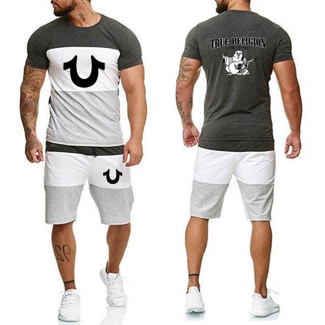 Religion Print Summer Suits Short Sleeve T-shirt and Shorts Suit Casual Striped Streetwear - TimelessGear9