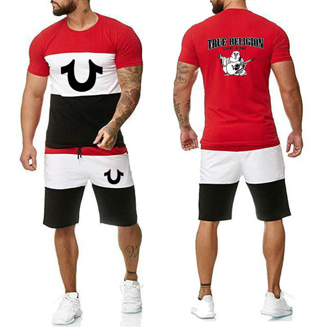 Religion Print Summer Suits Short Sleeve T-shirt and Shorts Suit Casual Striped Streetwear - TimelessGear9