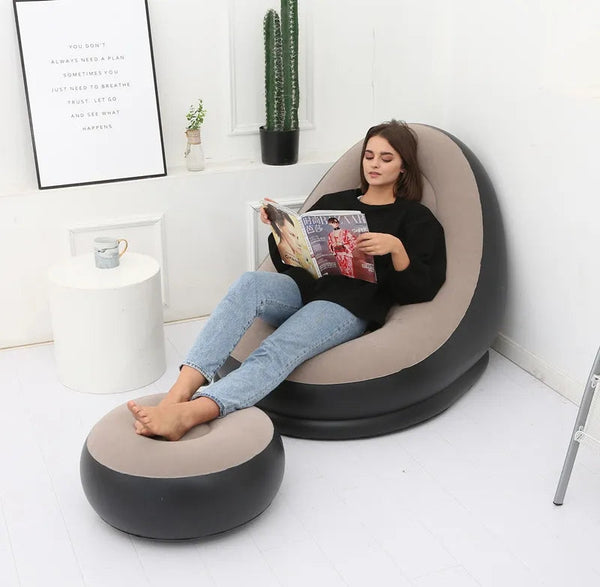 Inflatable Sofa With Foot Pad Lounger Luxury Style Flocking Bed Outdoor Furniture Portable Single Sofa Couch Chair