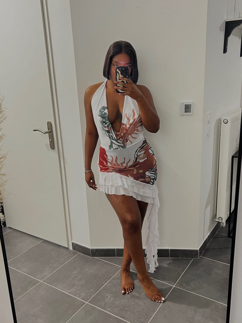 Halter Sexy Dress Women Backless Sleeveless Elegant Deep V-Neck Y2K Bodycon Chic Ruffles Summer Clubwear