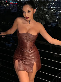 Sexy gorgeous backless party dress split faux leather midnight wear