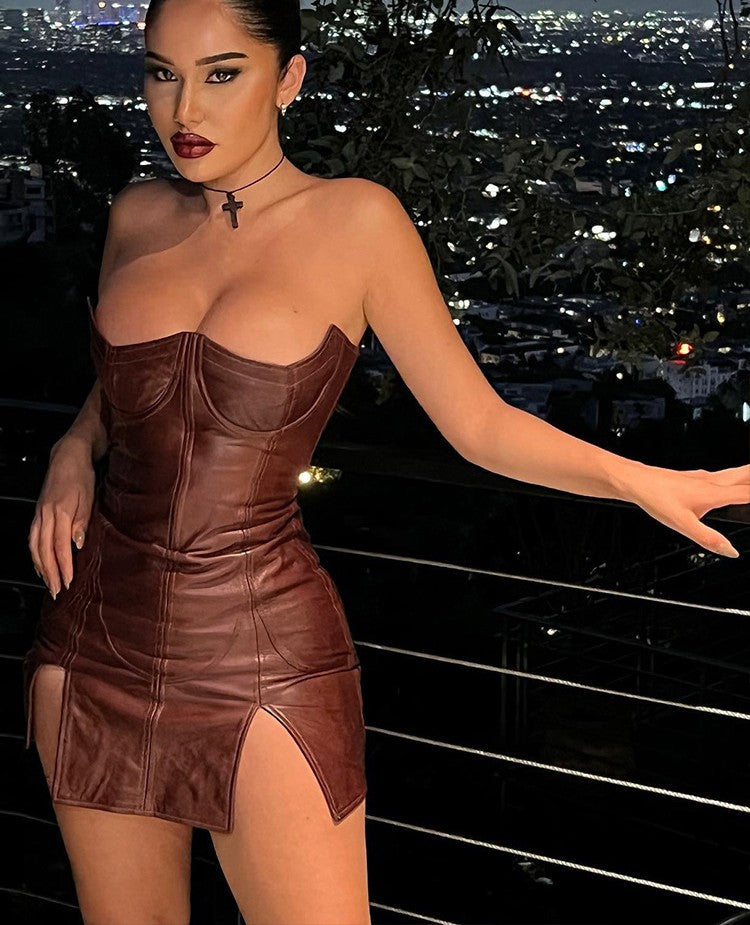 Sexy gorgeous backless party dress split faux leather midnight wear