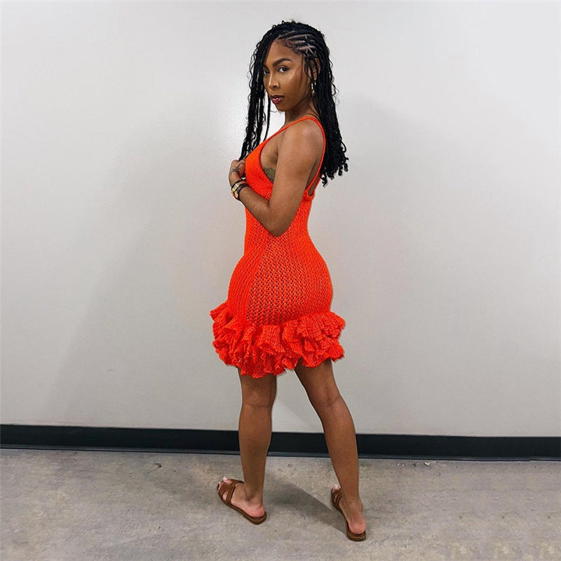 Knitted Solid Stacked Mini Dress Women Hipster Sexy Spaghetti Strap Deep V-Neck Body-Shaping Robe 2023 Party Clubwear