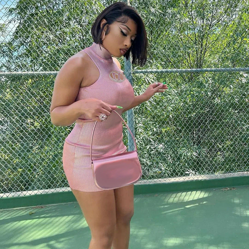 Solid sexy sleeveless embroidery high waist fashion trend sweet mini dress