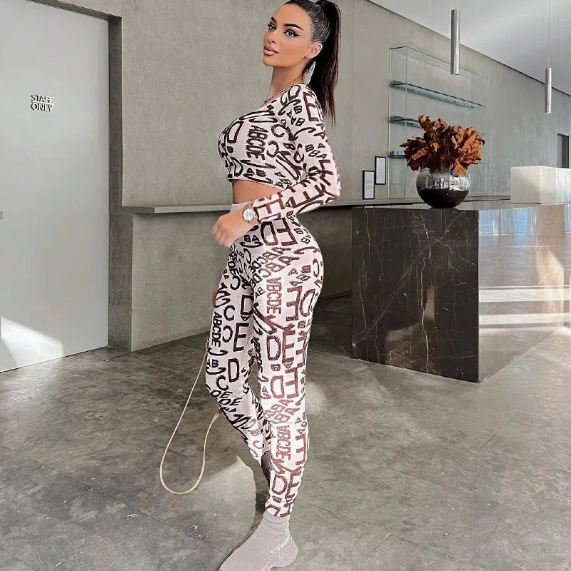 Sassy letter print aerobics outfit hig waist top and bottom