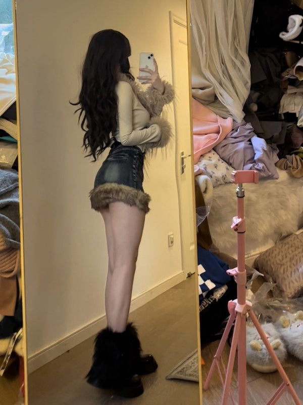 Washed Fur Paneled Denim Skirt for Women Retro Sexy Hot Girl High Waist A-line Skirt Y2k Skirt Fashion Casual Package Hip Skirt