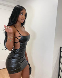 Faux Leather Spaghetti Strap Backless Sleeveless Midi Bodycon Dress 2023 INS Sexy Party Evening Dresses