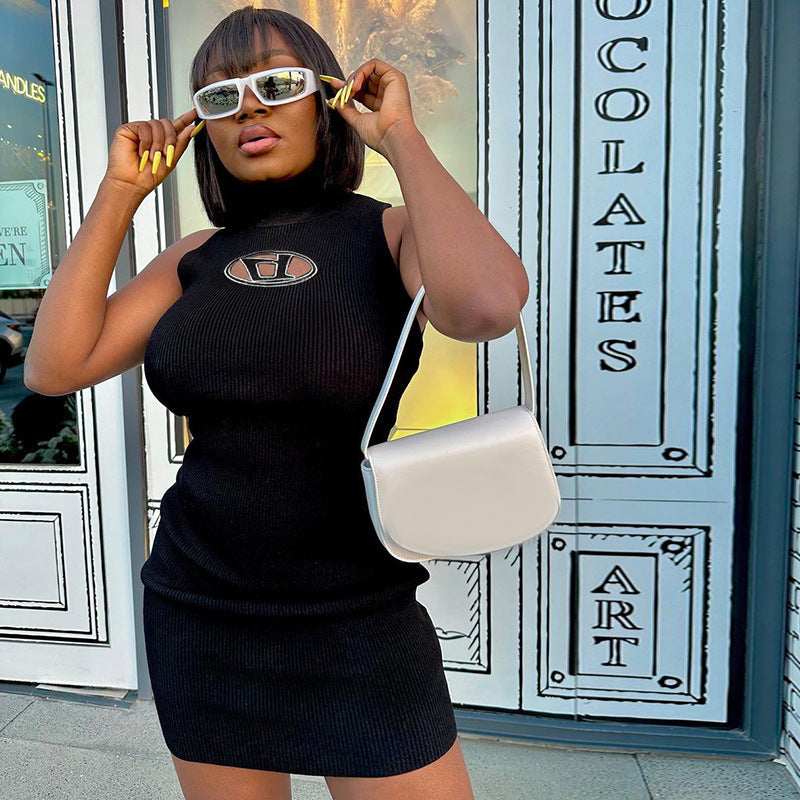 Solid sexy sleeveless embroidery high waist fashion trend sweet mini dress