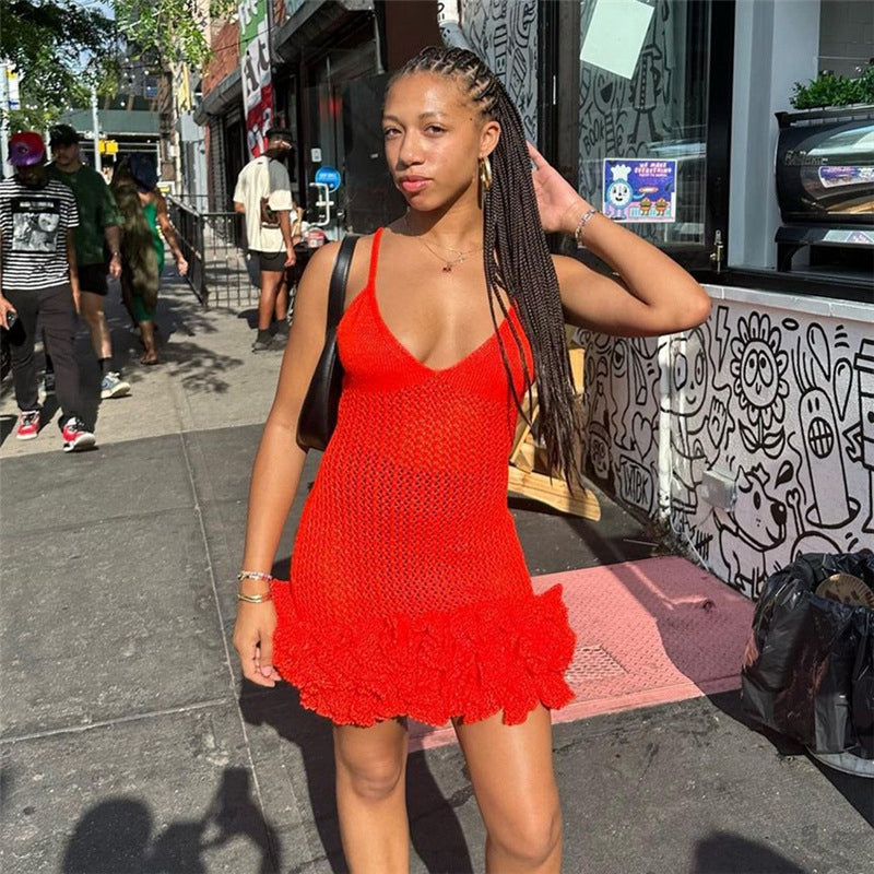 Knitted Solid Stacked Mini Dress Women Hipster Sexy Spaghetti Strap Deep V-Neck Body-Shaping Robe 2023 Party Clubwear